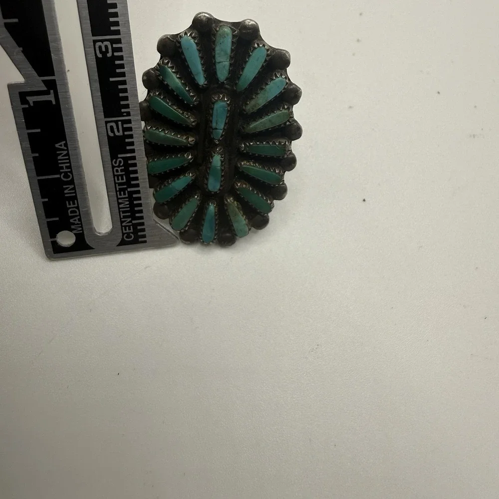 Vtg 1950's Zuni Petit Point Turquoise Cluster Sterling‎ Silver Ring